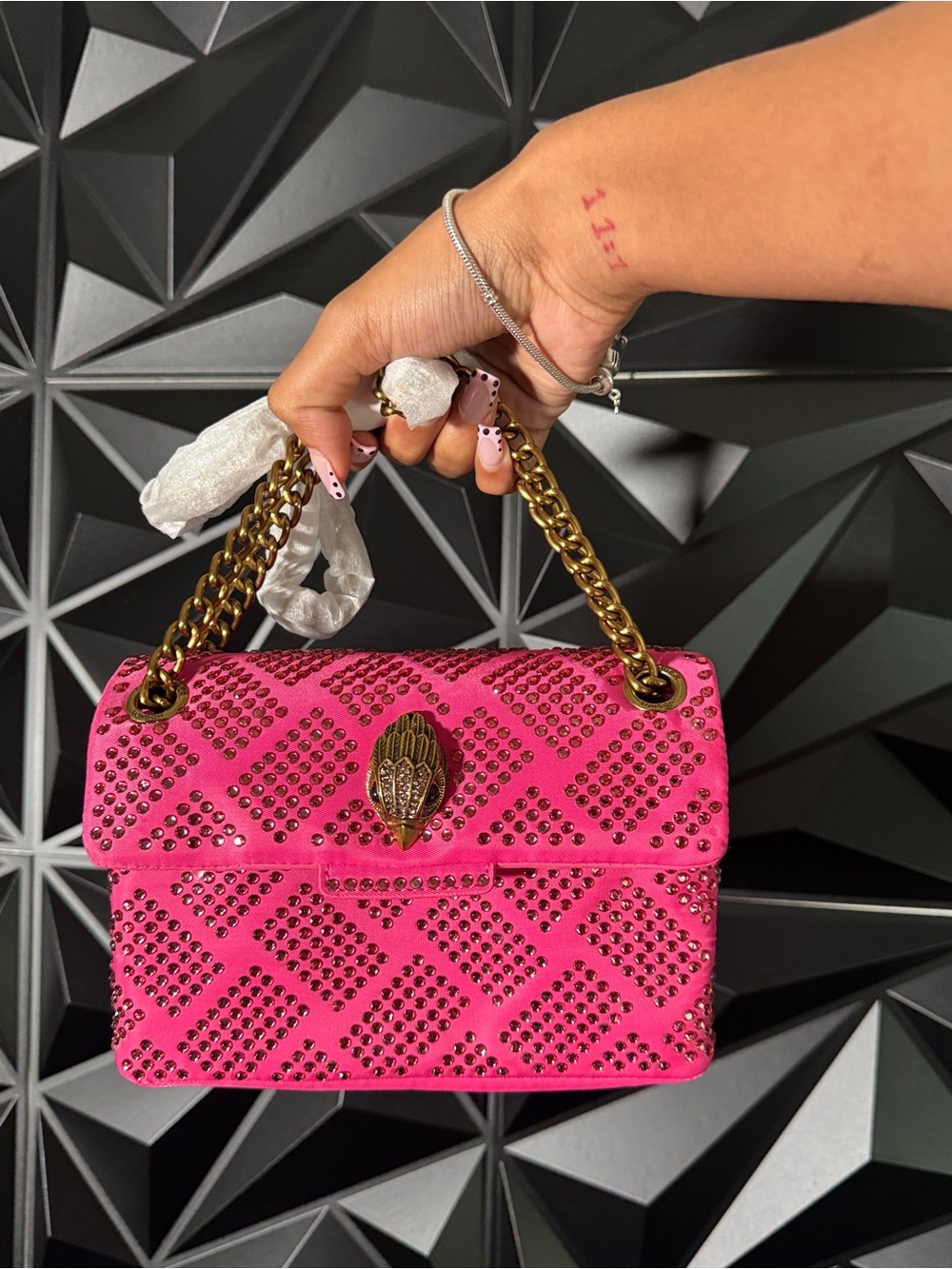 Kurt Geiger Hot Pink Studded Shoulder Bag with Gold Chain